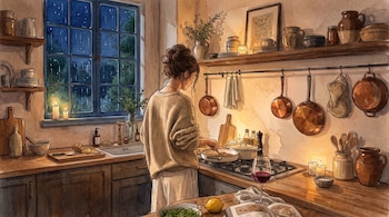 Mujer de espaldas cocinando en estufa. Cocina con estantes de madera, ollas de cobre, utensilios, fregadero, ventana, velas, libro abierto, copa de vino y vegetales.