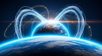 Ilustración futurista de la Tierra desde el espacio, rodeada por una barrera de luz azul y dos corrientes de energía translúcida con destellos dorados.