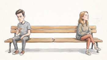 Ilustración de un hombre y una mujer sentados en los extremos de un largo banco de madera que tiene una grieta en el centro.