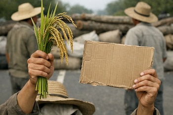 Primer plano de manos sosteniendo espigas de arroz y un cartel de cartón vacío. Al fondo, dos personas con sombreros de paja y una barrera de troncos y sacos.