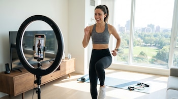 Una mujer con ropa deportiva hace ejercicio frente a un aro de luz con un teléfono, un tapete de yoga y bandas de resistencia en un apartamento luminoso.