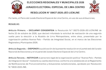 Documento con el escudo de Perú y el logotipo del Jurado Nacional de Elecciones que contiene el texto de una resolución electoral