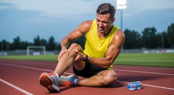 Un atleta visiblemente adolorido se sienta en una pista de atletismo roja, sosteniendo su pantorrilla. Viste camiseta amarilla y hay una botella de agua a su lado.