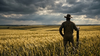 Silueta de espaldas de un hombre con sombrero de pie en un campo de espigas doradas bajo un cielo con nubes.