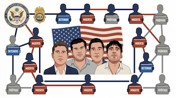 Ilustración de Los Chapitos frente a bandera de EE. UU. Red judicial de siluetas con estatus 'DETENIDO', 'MUERTO' o 'PRÓFUGO'. Sellos de Corte Distrito Sur NY y DEA.