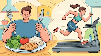 Ilustración de un hombre sonriente con cubiertos y un plato con pollo, arroz, lechuga y tomate; junto a una mujer corriendo en una cinta de ejercicio.