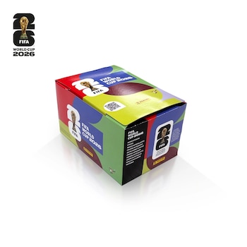 Caja de cartón colorida del álbum Panini FIFA World Cup 2026 con el logo de la FIFA y el trofeo, llena de sobres de figuritas