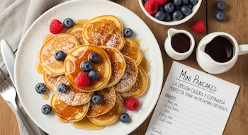 Vista aérea de un plato blanco con mini pancakes apilados, cubiertos con arándanos, frambuesas, azúcar glas y sirope. Al lado hay una receta en papel.