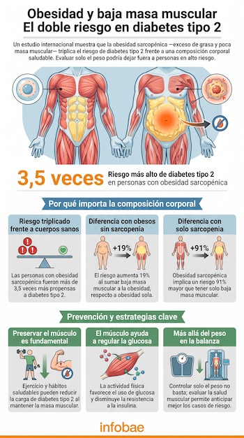 Infografía con dos figuras humanas, una con músculos definidos y otra con obesidad; porcentajes de riesgo de diabetes tipo 2, balanza, músculo y pesas.