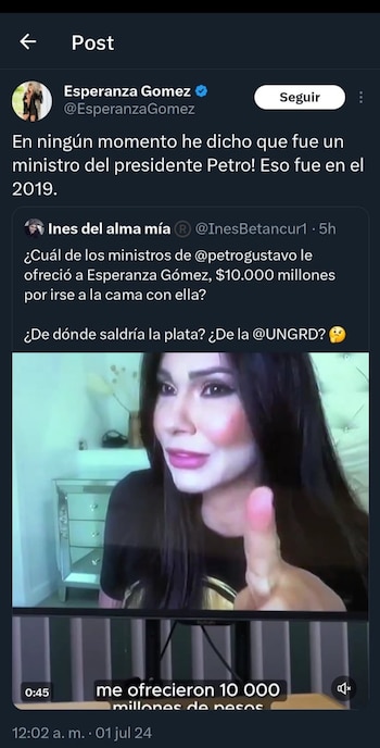 Esperanza Gómez aclaró cuando fue que un ministro de Colombia le ofreció dinero para acostarse con ella - crédito @@gener_usuga/X