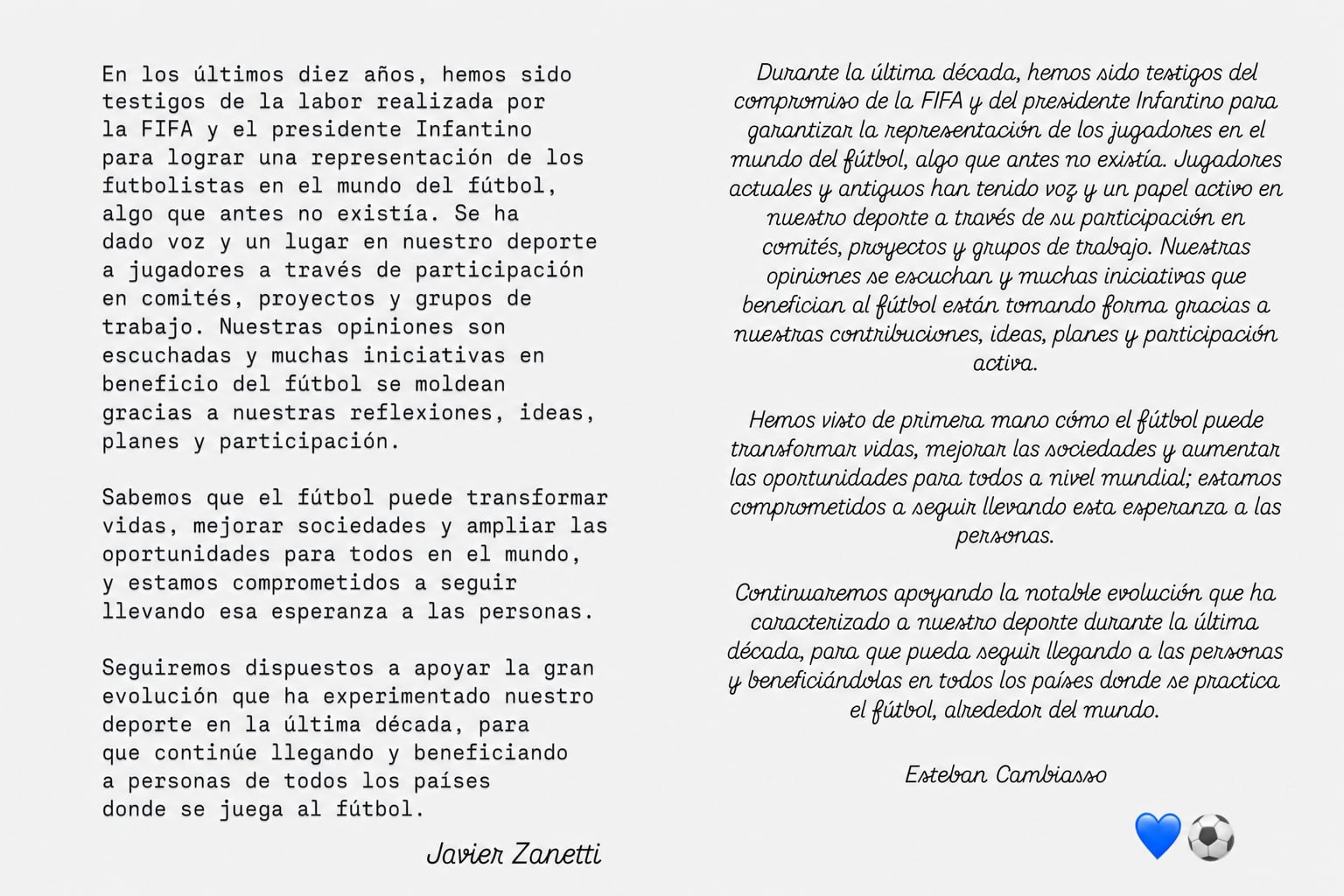 Las cartas de Zanetti y Cambiasso defendiendo a Infantino en su cargo como presidente de la FIFA