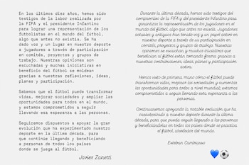 Dos textos mecanografiados en español firmados por Javier Zanetti y Esteban Cambiasso, con un icono de corazón azul y un balón de fútbol.