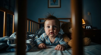 Un bebé con el pelo desordenado mira hacia adelante desde su cuna de madera, junto a un oso de peluche. Detrás, un reloj digital marca las 2:37 am.
