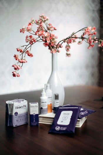 Ñ PHOTO MOVED IN ADVANCE AND NOT FOR USE - ONLINE OR IN PRINT - BEFORE 12:01 A.M. ET ON SUNDAY, OCT. 1, 2023 Ñ The Honey Pot CompanyÕs pads, washes, sprays, and other feminine-care products are displayed for a photograph in New York on Aug. 15, 2023. Brands selling feminine care products have dropped the euphemisms to sell to younger consumers. (Ahmed Gaber/The New York Times)