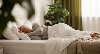 Persona adulta duerme acostada de lado en cama blanca con sábanas claras, almohadas y una manta. Fondo con planta verde y ventana con cortina.