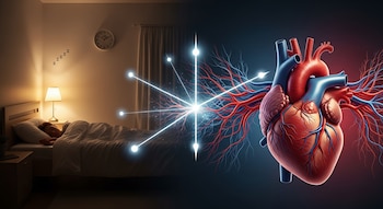 Representación visual de una persona durmiendo tranquilamente en una cama, conectada por líneas de luz a un detallado modelo anatómico de corazón humano con vasos sanguíneos.