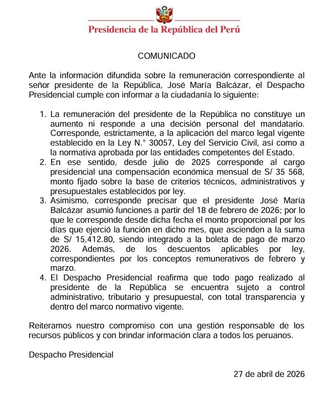 ¿Qué dijo el Gobierno? Presidencia responde tras cuestionamientos por salario presidencial. Captura: Comunicado Presidencia de la República.