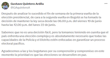 El secretario de Gobierno, Gustavo Quintero, explicó que la medida busca enfocar las capacidades de las autoridades en la seguridad de la jornada electoral. - crédito @GAquinteroA/X