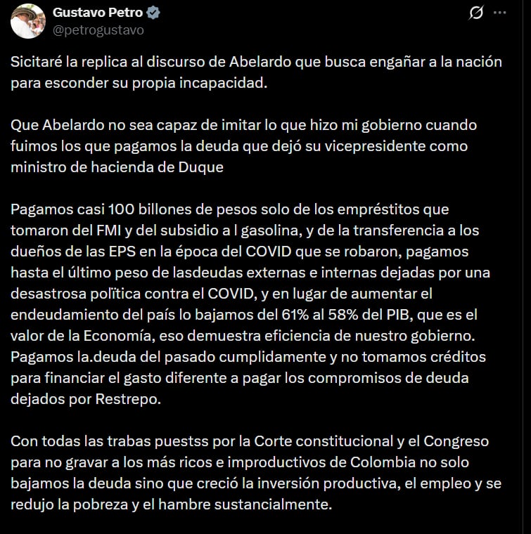 El expresidente Gustavo Petro anunció en su cuenta oficial de X que solicitará el derecho a réplica - crédito @petrogustavo/X