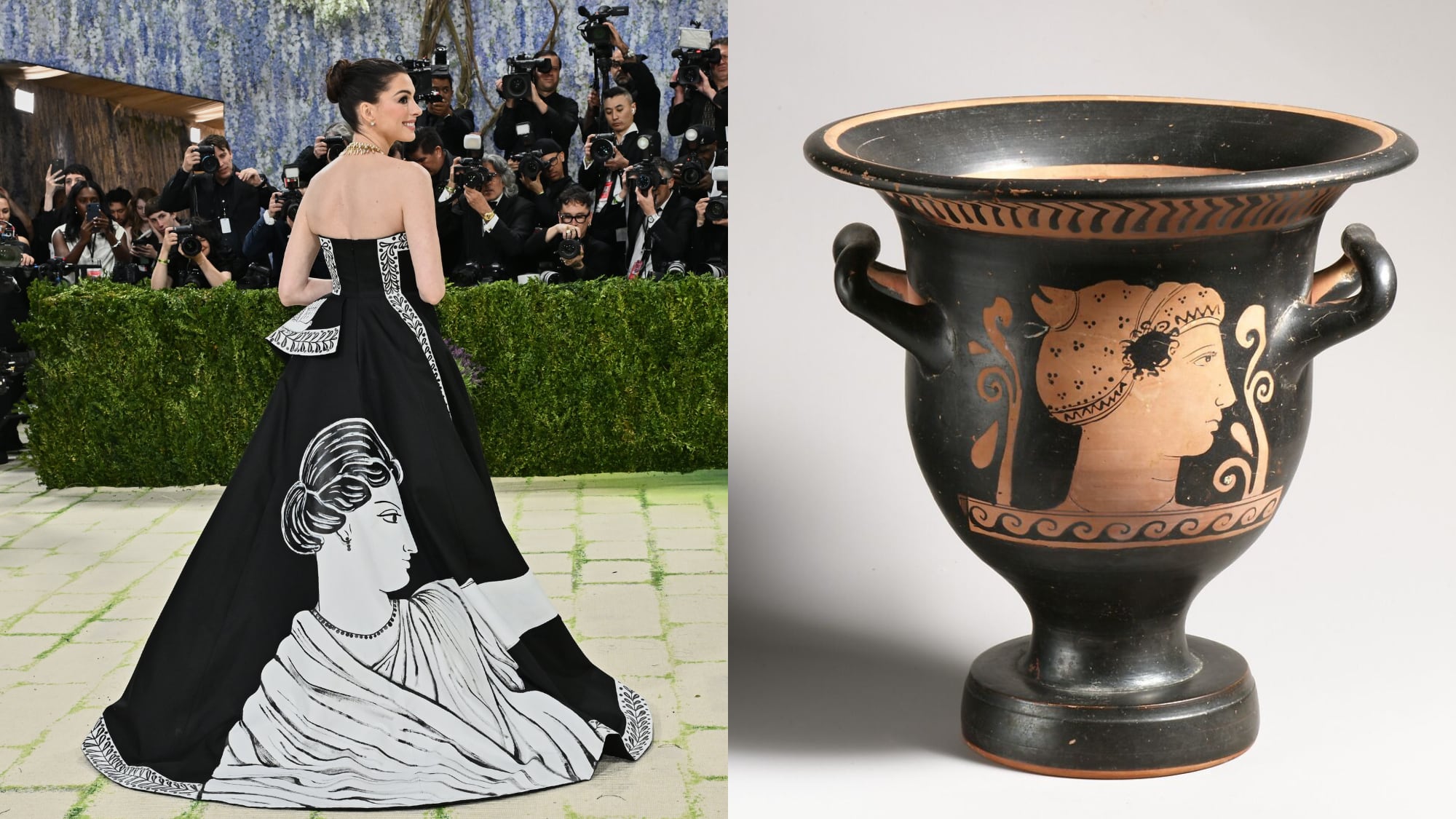 Anne Hathaway fusionó referencias míticas y arte clásico en un vestido que evocó el espíritu de “Oda a una urna griega” de John Keats