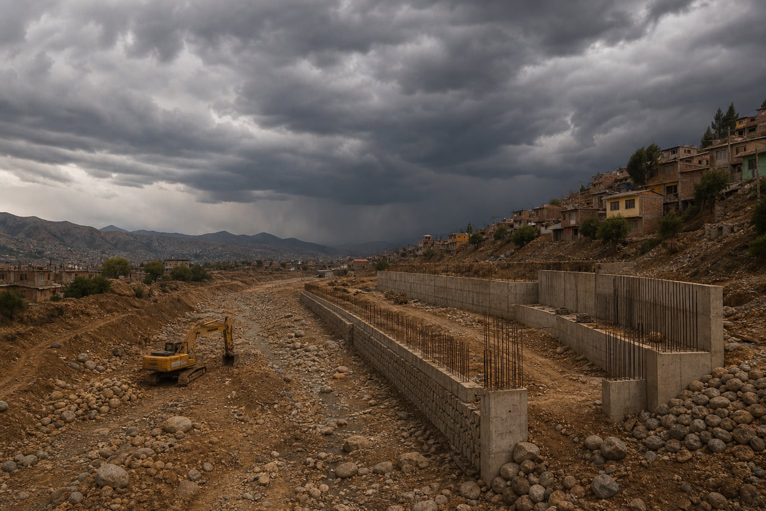 Una excavadora permanece detenida junto a defensas ribereñas inconclusas en la quebrada de una ciudad peruana ante la llegada de nubes de tormenta. (Imagen Ilustrativa Infobae)