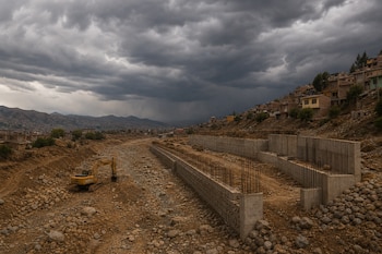 Una excavadora amarilla en un cauce seco de piedras, muros de concreto a medio construir y casas en la ladera bajo un cielo nublado.