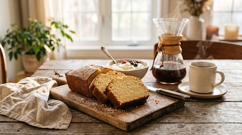Tabla de madera con un budín rebanado, un tazón de yogur con frutas, una cafetera de cristal y una taza de café humeante.