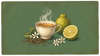 Taza humeante de té junto a una bergamota entera, media bergamota, hojas secas y flores blancas sobre fondo verde.