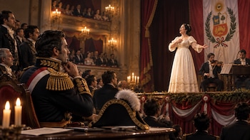 Una mujer vestida de blanco canta en un escenario junto a músicos frente a la bandera peruana y un público con uniformes de época