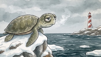 Caricatura de una tortuga marina Kemp’s ridley sobre un banco de nieve, exhalando aire frío, frente al mar con hielo flotante y un faro a rayas rojas y blancas.