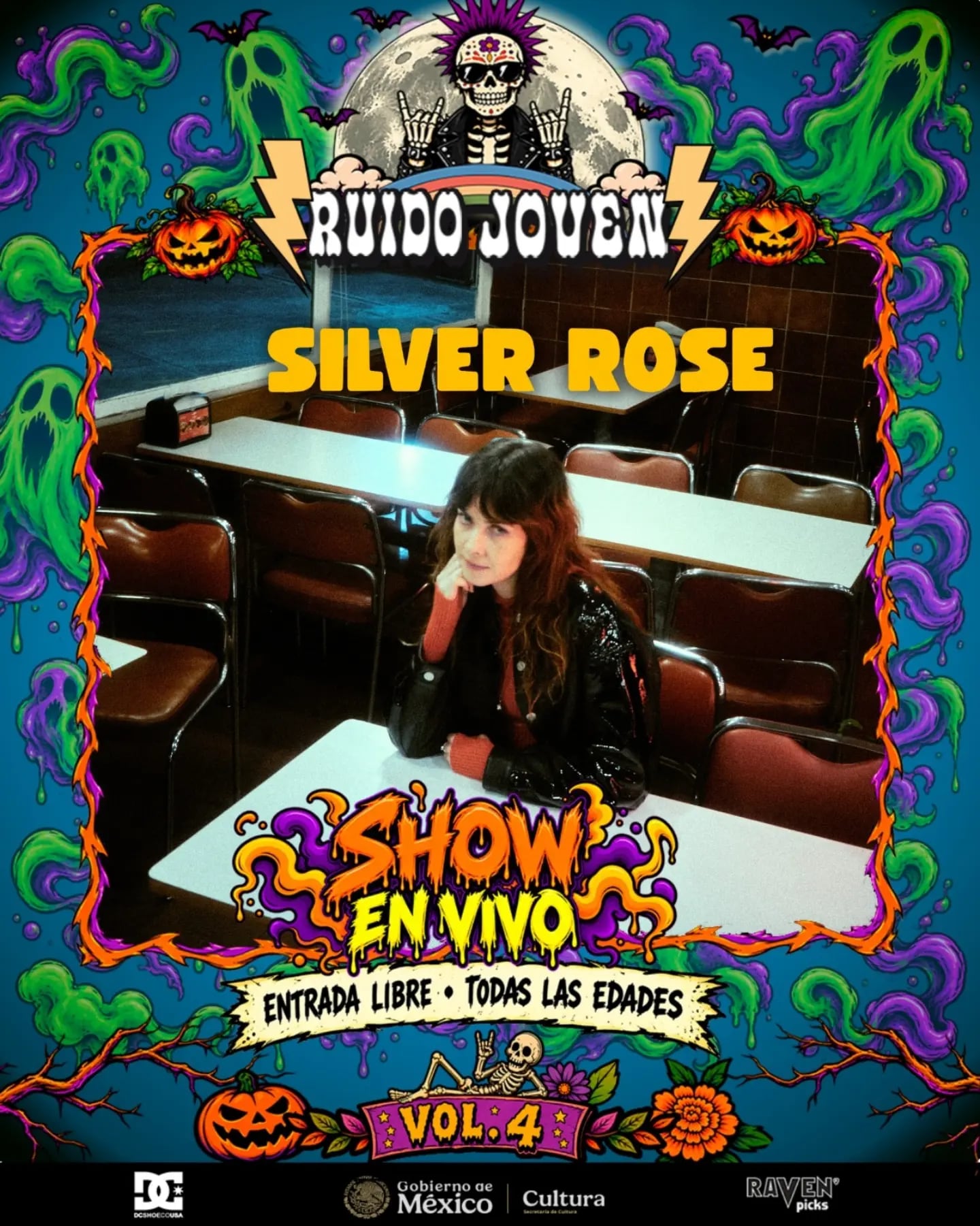 El cartel del festival Ruido Joven Vol. 4 anuncia la presentación en vivo de la artista Silver Rose en el PARCUR Chapultepec. (Ruido Joven vol 4 Secretaría de Cultura)