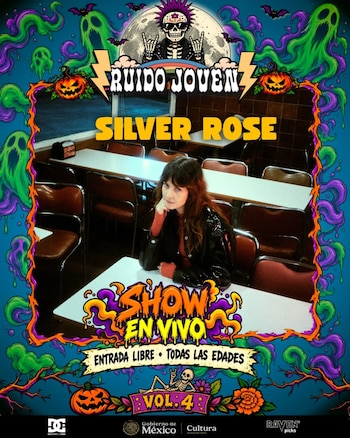Cartel ilustrado con la fotografía de una mujer sentada a una mesa, calaveras, calabazas y los textos Ruido Joven y Silver Rose