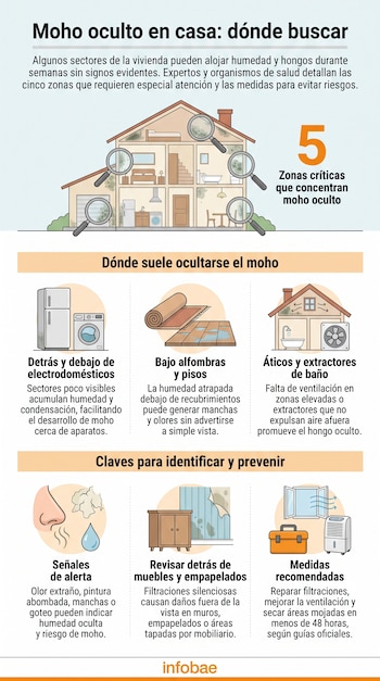 Infografía con una casa en corte transversal, lupas, un lavarropas, un extractor de baño, un mueble y herramientas de mantenimiento.