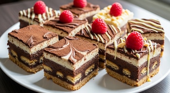 Múltiples brownies sin cocción cuadrados en un plato blanco, con capas de chocolate, crema y galleta, espolvoreados con cacao y decorados con frambuesas.