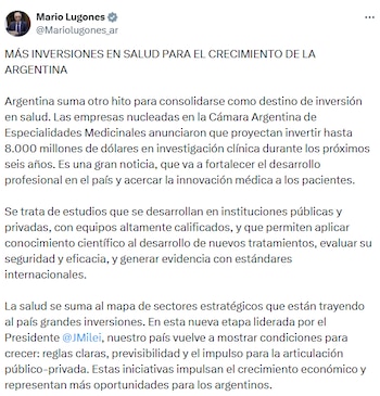 Una captura de pantalla de un tweet de Mario Lugones, mostrando un texto sobre inversiones en salud para Argentina. El tweet tiene el logo de Twitter