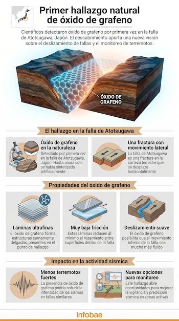 Infografía sobre el primer hallazgo de óxido de grafeno natural, mostrando una falla geológica con patrones hexagonales, microscopio y diagramas de capas.