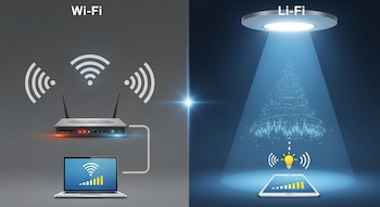 Ilustración comparativa de Wi-Fi y Li-Fi. A la izquierda, un router y portátil con ondas de radio. A la derecha, una luminaria y tableta con transmisión por luz.