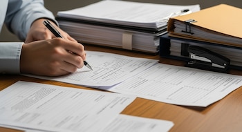 Primer plano de manos escribiendo con bolígrafo en un formulario impreso sobre una mesa de madera, con pilas de documentos y archivadores al fondo.