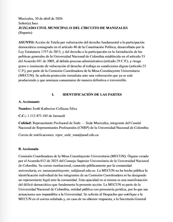 Desde la sede Manizales, una representante profesoral interpuso una tutela alegando vulneración del derecho a la participación democrática dentro del proceso constituyente universitario - crédito X