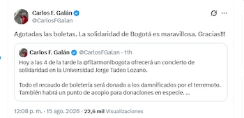 El alcalde Carlos F. Galán informó que las boletas del Concierto Solidario se agotaron - crédito @CarlosFGalan/X
