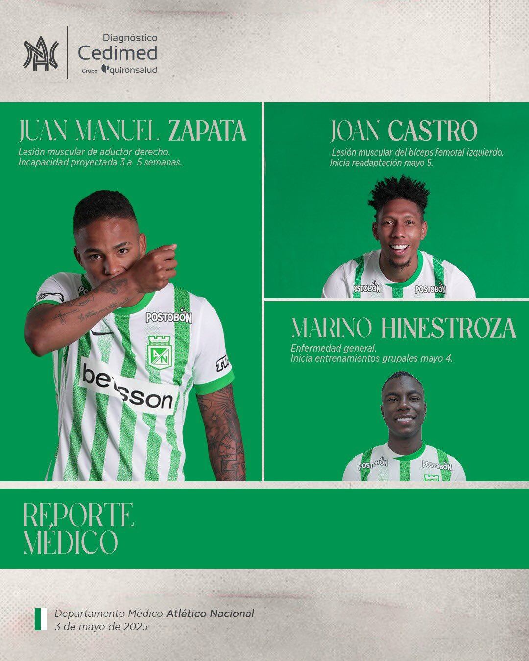 Atlético Nacional confirmó que Marino Hinestroza es la tercera baja para el partido ante Medellín - crédito Atlético Nacional