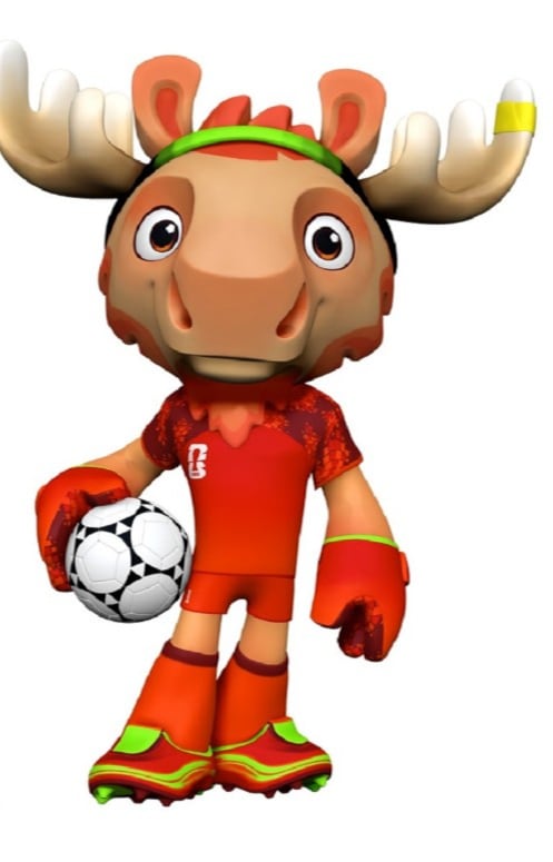 Maple, un alce que representa a Canadá, viste el uniforme rojo de la selección canadiense.
