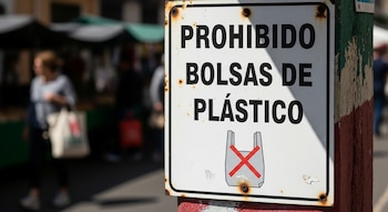 Un cartel blanco oxidado con texto negro 'PROHIBIDO BOLSAS DE PLÁSTICO' y un dibujo de bolsa tachada en un poste. Fondo borroso con personas y puestos.