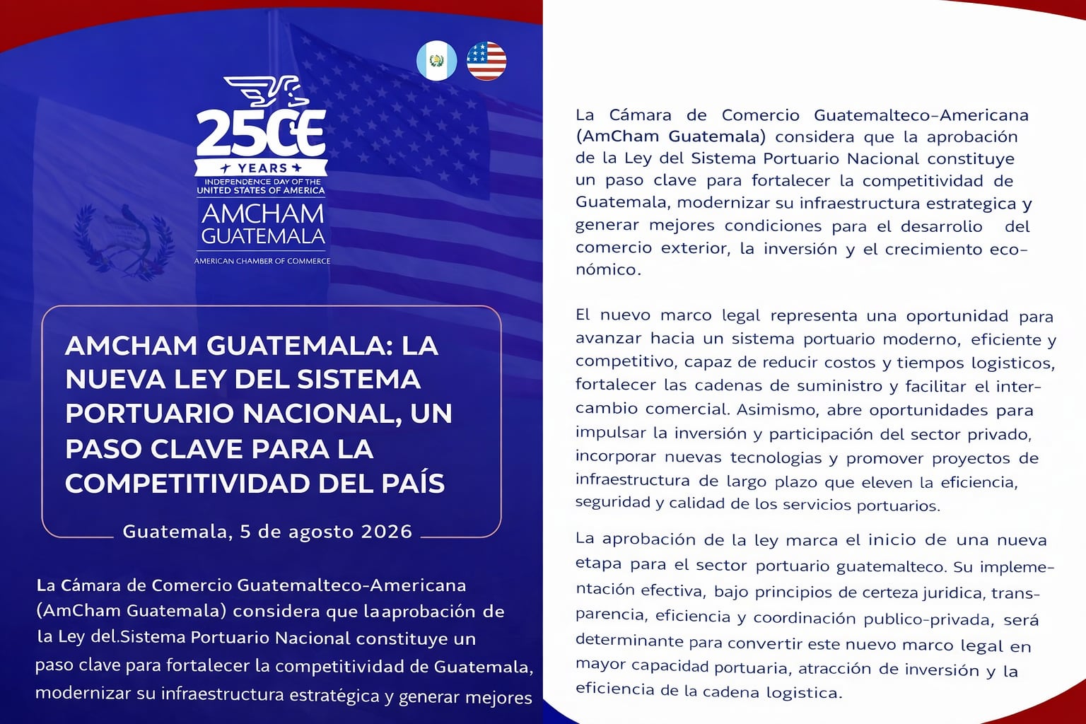 Un diseño gráfico de AMCHAM Guatemala detalla la aprobación de la Ley del Sistema Portuario Nacional como paso clave para la competitividad del país, con las banderas de Guatemala y Estados Unidos de fondo. (Imagen Ilustrativa Infobae)