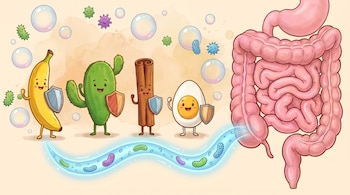Ilustración de un plátano, cactus, canela y huevo sonrientes con escudos. Un intestino rosado a la derecha. Bacterias fluyen por una vía azul hacia el intestino. Microbios flotan en el fondo.