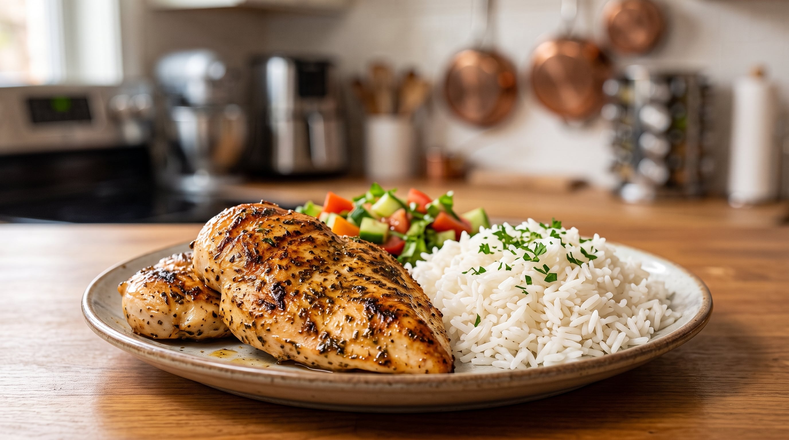 Un plato con pechugas de pollo sazonadas, arroz blanco y ensalada reposa sobre una mesa de madera en una cocina. (Imagen Ilustrativa Infobae)