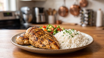 Un plato con dos pechugas de pollo doradas, arroz blanco con perejil picado y ensalada sobre una mesa de madera.