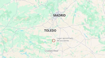 Mapa del centro de España con las etiquetas de Madrid, Toledo y Ciudad Real, y un círculo rojo con el texto lugar aproximado del accidente.