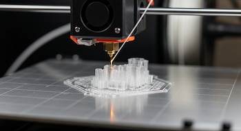 Primer plano de una impresora 3D en funcionamiento, con su boquilla extrayendo filamento brillante para construir un objeto transparente sobre una plataforma metálica.