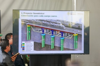 Pantalla muestra infografía de un tren sobre una estructura elevada con cimentación subterránea, detallando pilas, cabezales y zapatas